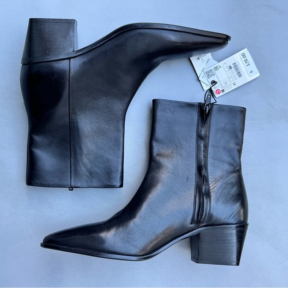 Zara Block Heel Leather Ankle Boots - Picture 4 of 8
